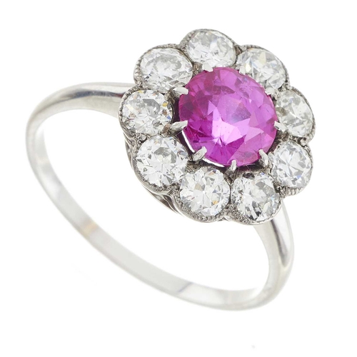 159 - A mid 20th century synthetic pink sapphire and old-cut diamond cluster ring, sapphire estimated weig... 