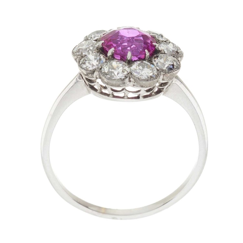 159 - A mid 20th century synthetic pink sapphire and old-cut diamond cluster ring, sapphire estimated weig... 