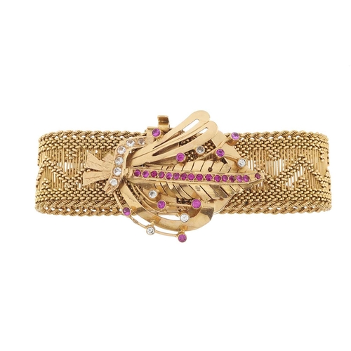 161 - A mid 20th century high carat gold adjustable bracelet, with synthetic ruby and colourless gem flora... 