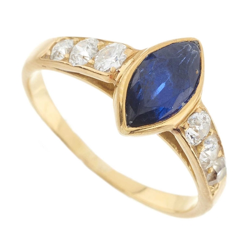 164 - An early to mid 20th century 18ct gold marquise-shape sapphire dress ring, with graduated old-cut di... 