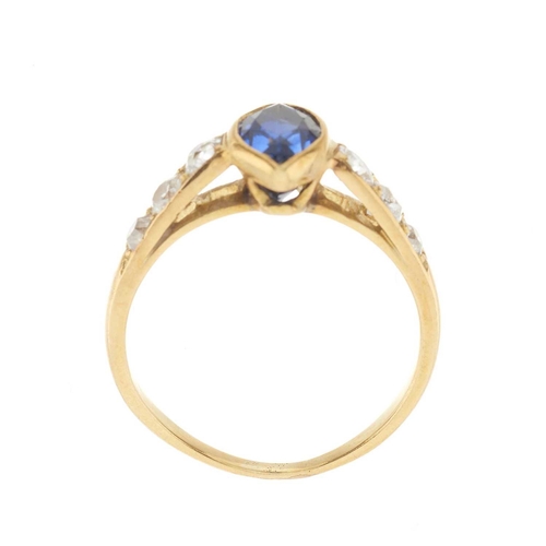 164 - An early to mid 20th century 18ct gold marquise-shape sapphire dress ring, with graduated old-cut di... 