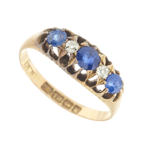 17 - An Edwardian 18ct gold sapphire and old-cut diamond five-stone ring, estimated total diamond weight ... 