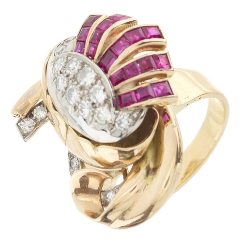 174 - A 1940s gold calibre-cut ruby and single-cut diamond locket ring, opening to reveal a vacant compart... 