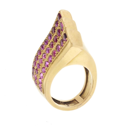 176 - A 1940s 18ct gold marquise-shape ruby cocktail dress ring, French assay marks, ring size H, 16g