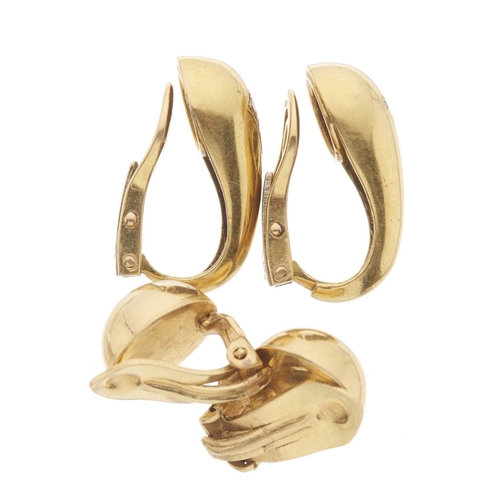 180 - Two pairs of 18ct gold domed clip earrings, one with single-cut diamond quatrefoil highlights, both ... 