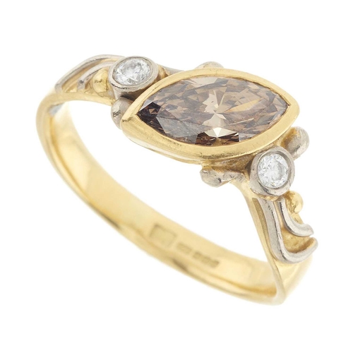 182 - An 18ct gold marquise-shape coloured diamond and diamond three-stone dress ring, principal diamond e... 