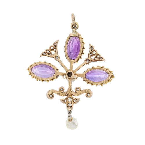 184 - A late Victorian gold amethyst, old-cut diamond and pearl pendant, suspending a pearl drop, pearls m... 