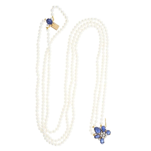 188 - A cultured pearl three-row necklace, with gold carved sapphire and circular-cut diamond cluster clas... 