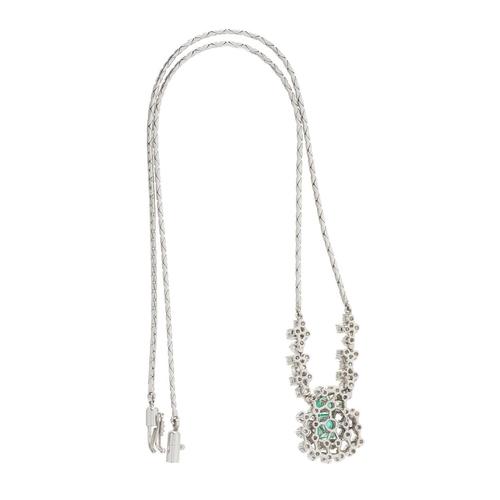 191 - An 18ct gold emerald and brilliant-cut diamond cluster necklace, with integral back chain, estimated... 