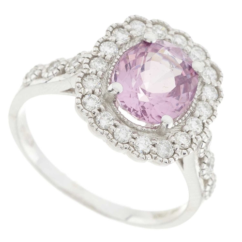 198 - An 18ct gold pink spinel and brilliant-cut diamond cluster ring, with similarly-cut diamond line sho... 