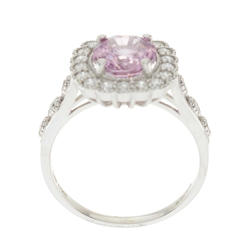 198 - An 18ct gold pink spinel and brilliant-cut diamond cluster ring, with similarly-cut diamond line sho... 