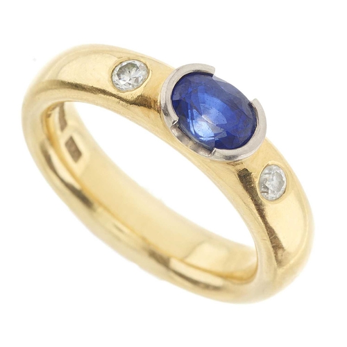 200 - An 18ct gold sapphire and brilliant-cut diamond three-stone band ring, sapphire estimated weight 1.1... 