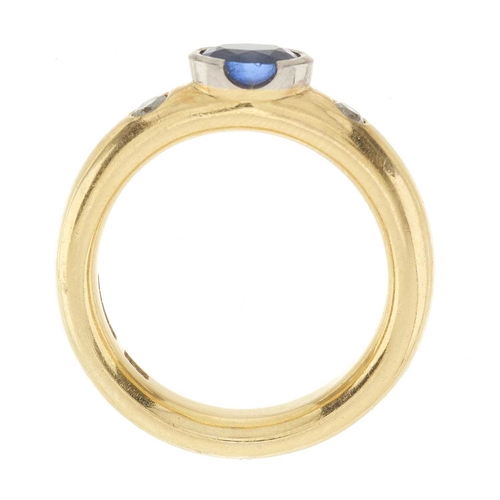 200 - An 18ct gold sapphire and brilliant-cut diamond three-stone band ring, sapphire estimated weight 1.1... 