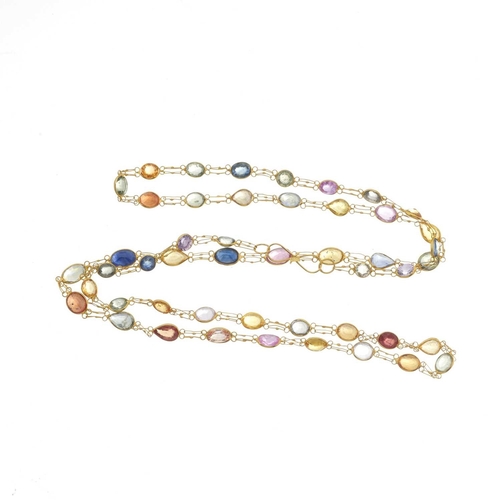 202 - A 14ct gold vari-hue sapphire line harlequin necklace, with S hook clasp, stamped 585, length 54cm, ... 