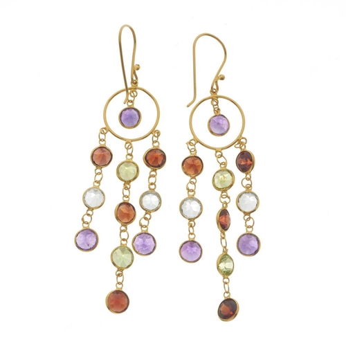 207 - A pair of gold peridot, amethyst, garnet and blue topaz chandelier drop earrings, length 5.6cm, 2.5g