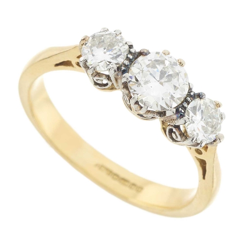 210 - A mid 20th century 18ct gold circular-cut diamond three-stone ring, estimated total diamond weight 1... 