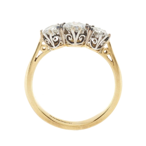 210 - A mid 20th century 18ct gold circular-cut diamond three-stone ring, estimated total diamond weight 1... 