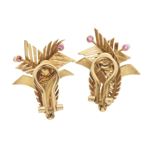 216 - A pair of 14ct gold ruby accent foliate clip earrings, import marks for Birmingham, length 2.5cm, 8.... 