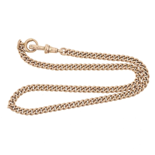 22 - An early 20th century 9ct gold curb-link Albert chain, with lobster and spring release clasps, each ... 