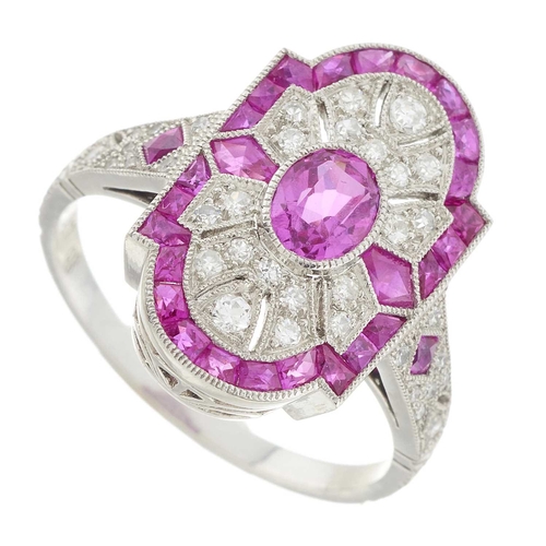 226 - A platinum ruby and single-cut diamond openwork dress ring, with calibre-cut ruby surround, principa... 