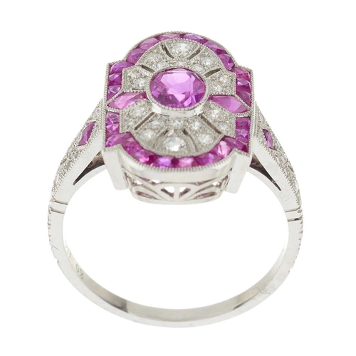 226 - A platinum ruby and single-cut diamond openwork dress ring, with calibre-cut ruby surround, principa... 