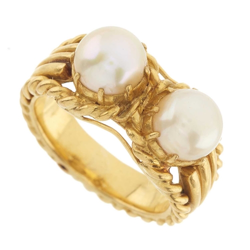 232 - A 22ct gold pearl two-stone ring, with rope-twist band and grooved shoulders, pearls measure approxi... 