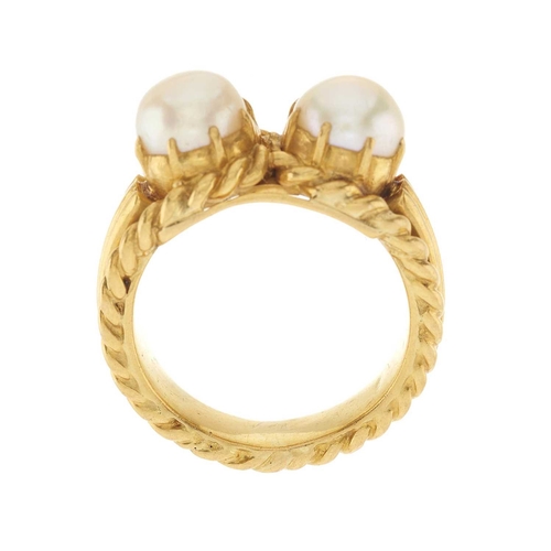 232 - A 22ct gold pearl two-stone ring, with rope-twist band and grooved shoulders, pearls measure approxi... 