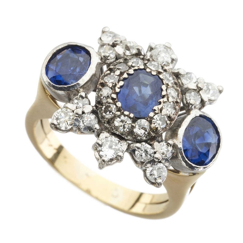 235 - A mid 20th century 18ct gold sapphire and old-cut diamond cluster dress ring, estimated total sapphi... 