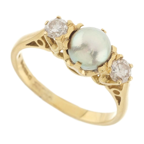 239 - An 18ct gold grey pearl and diamond three-stone ring, pearl measures approximately 6.4mm, estimated ... 