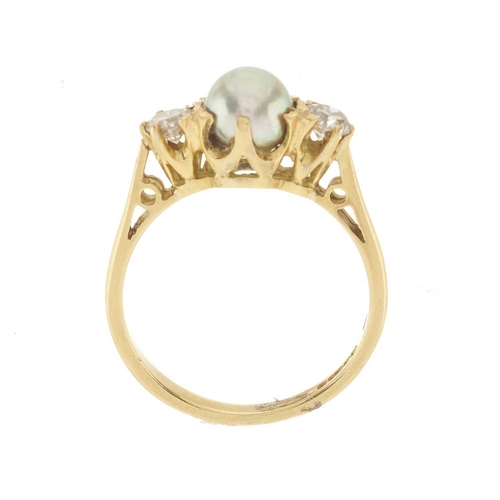 239 - An 18ct gold grey pearl and diamond three-stone ring, pearl measures approximately 6.4mm, estimated ... 