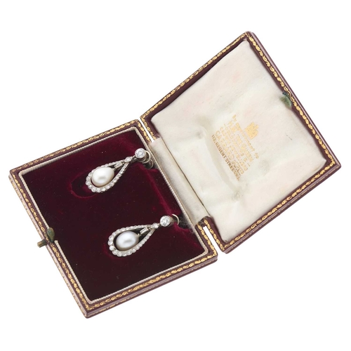 24 - A pair of Belle Epoque natural pearl and vari-cut diamond drop earrings, with old-cut diamond single... 