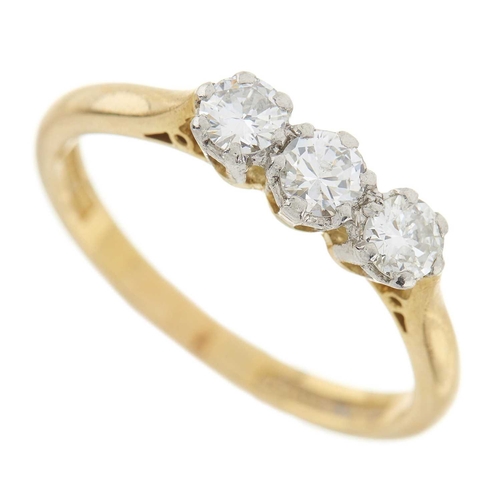 241 - A mid 20th century circular-cut diamond three-stone ring, estimated total diamond weight 0.50ct, H-I... 