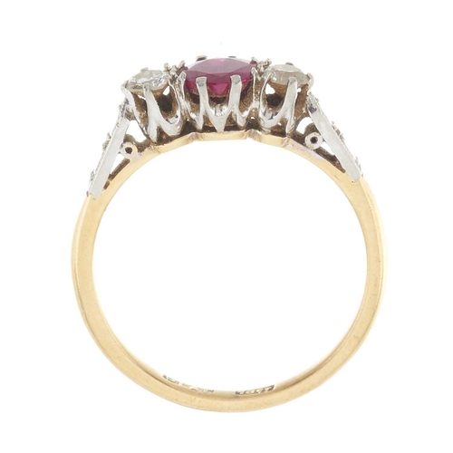 242 - A mid 20th century, ruby and brilliant-cut diamond three-stone ring, estimated total diamond weight ... 