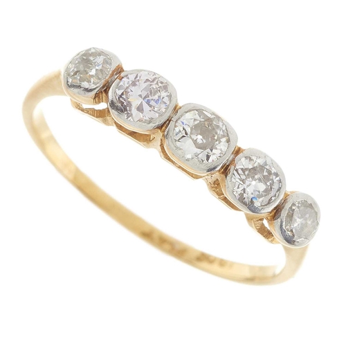 243 - A mid 20th century 18ct gold and platinum, graduated old-cut diamond five-stone ring, estimated tota... 