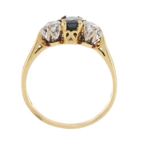 244 - An 18ct gold sapphire and brilliant-cut diamond three-stone ring, estimated total diamond weight 0.4... 