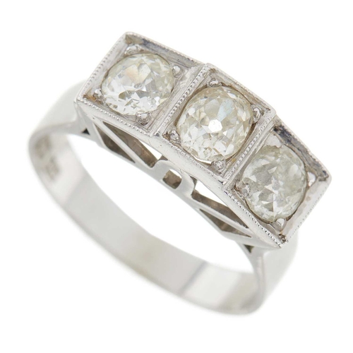 246 - A mid 20th century 18ct gold old-cut diamond three-stone ring, estimated total diamond weight 0.90ct... 