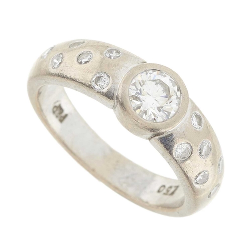 258 - An 18ct gold brilliant-cut diamond single-stone band ring, with similarly-cut diamond accents inset,... 