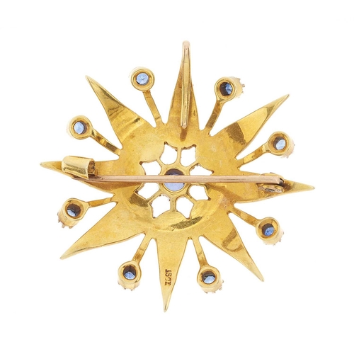 27 - An Edwardian 15ct gold sapphire and split pearl star pendant brooch, mount stamped 15ct, length 3.5c... 