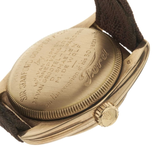 323 - 
Rolex
An Oyster Perpetual 'Bubbleback' wrist watch. Presented to Sir Stanford Cooper FCA to celebra... 