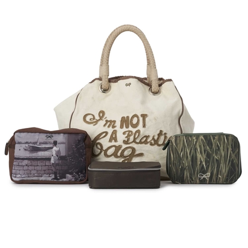 340 - Anya Hindmarch, a tote and a selection of pouches, to include a cream canvas 'I'm Not A Plastic Bag'... 