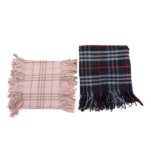 348 - Burberry, a Nova Check lambswool shawl and scarf, to include a navy blue shawl with fringe detailing... 