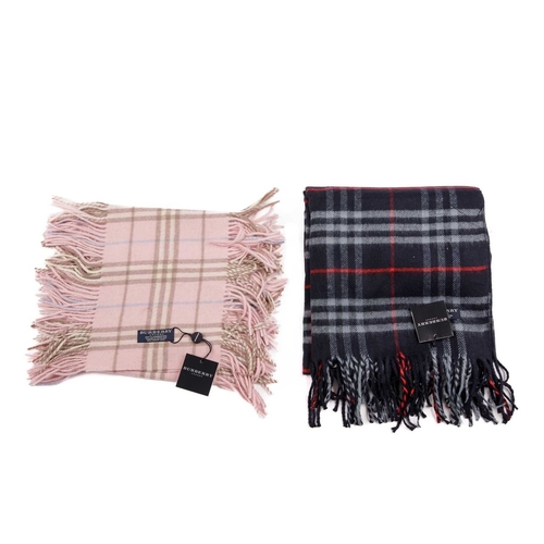 348 - Burberry, a Nova Check lambswool shawl and scarf, to include a navy blue shawl with fringe detailing... 