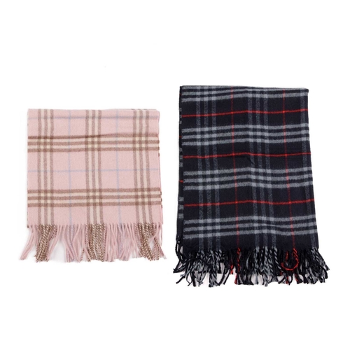 349 - Burberry, a Nova Check lambswool shawl and scarf, to include a navy blue shawl and a rose pink scarf... 