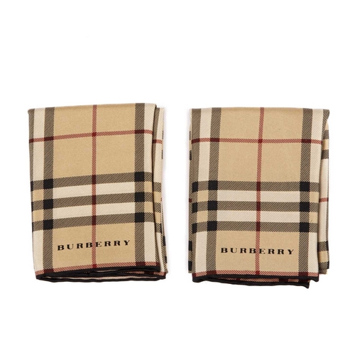 350 - Burberry, two Nova Check silk handkerchiefs, with hand-rolled edges, measuring 47 by 47cm, with make... 