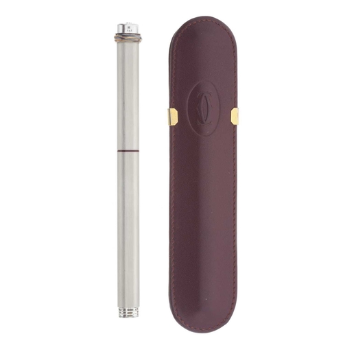 353 - Cartier, a Must de Cartier Vendome ballpoint pen w/pouch, brushed silver-tone with Trinity rings to ... 