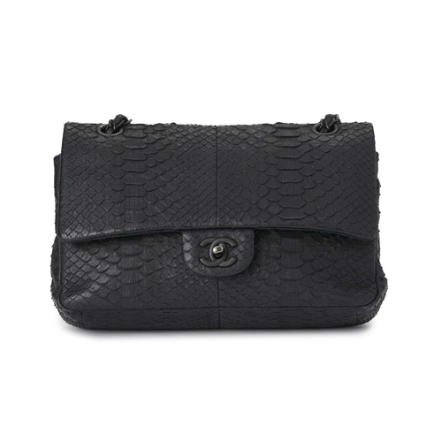 356 - Chanel, a python So Black Medium Double Flap handbag, featuring a black python skin exterior, with m... 