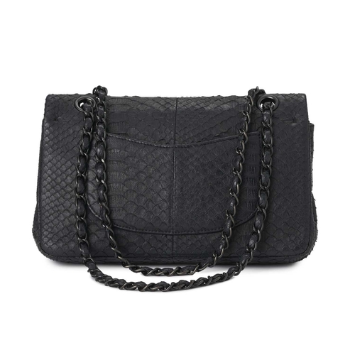 356 - Chanel, a python So Black Medium Double Flap handbag, featuring a black python skin exterior, with m... 