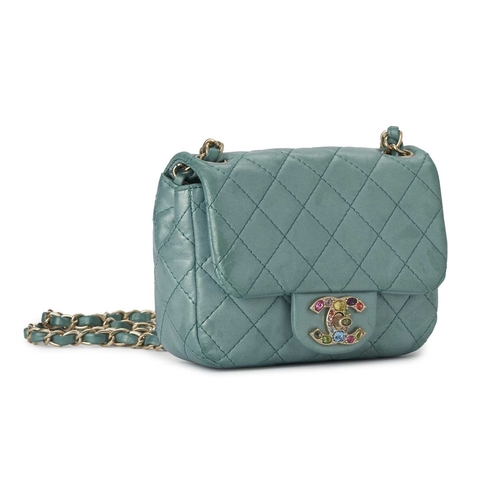 359 - Chanel, a Mini Square Jewel CC Flap bag, crafted from pale metallic turquoise leather, with diamond ... 