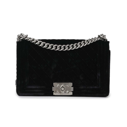 363 - Chanel, a medium velvet Boy handbag, designed with a black velvet exterior, featuring diamond quilti... 