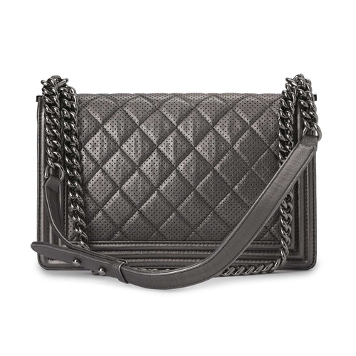 366 - Chanel, a New Medium Boy handbag, crafted from metallic silver leather, designed with a perforated q... 